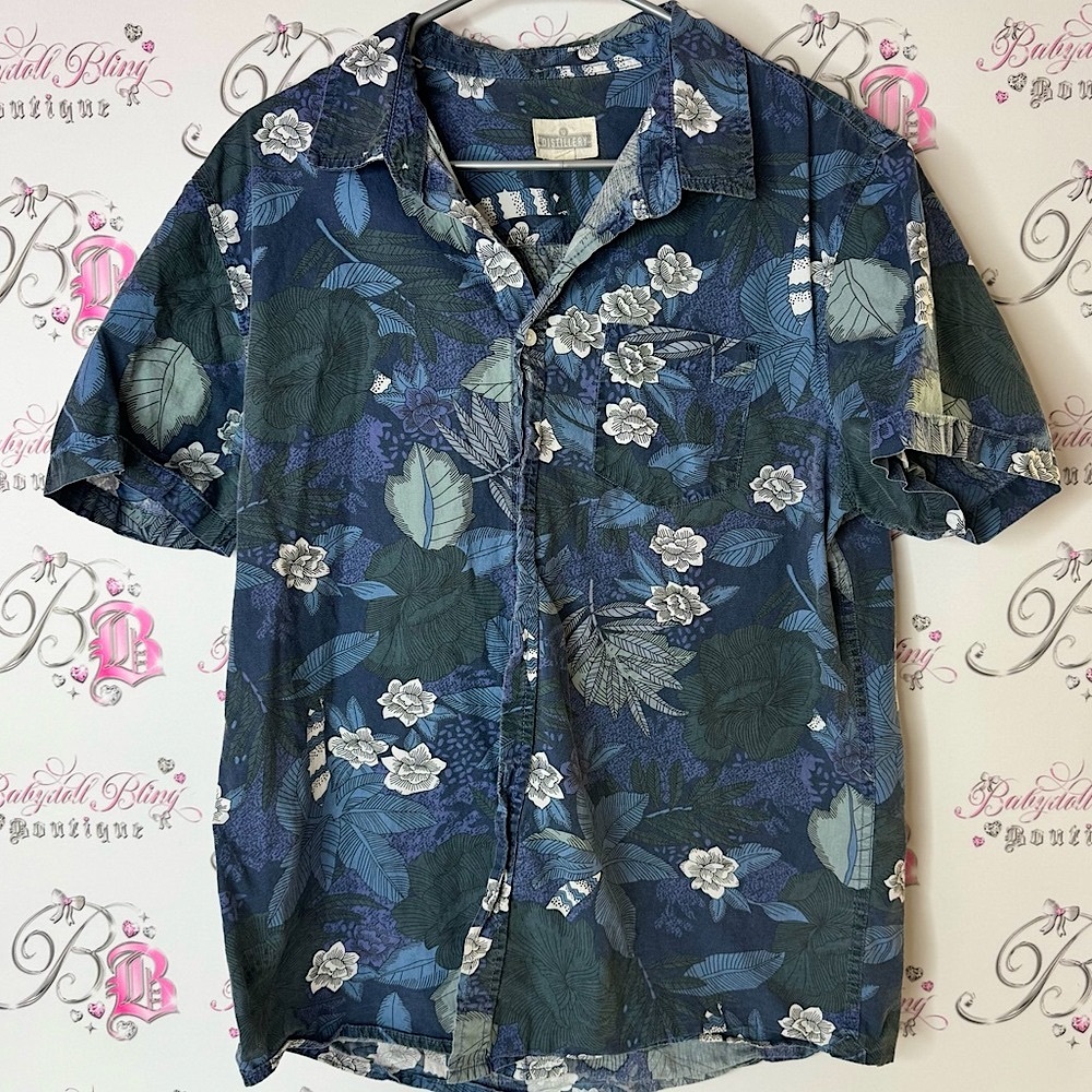 Distillery button up shirt Navy Floral Men's Shirt top tshirt tee buttons